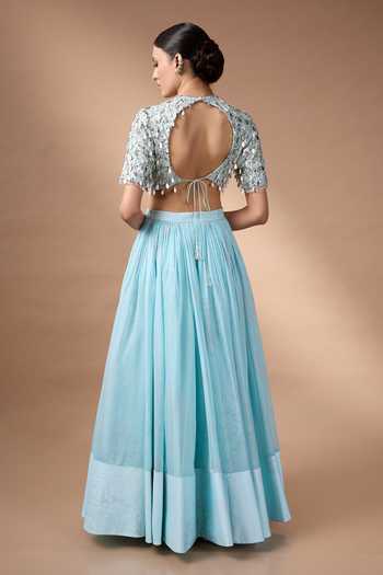 Shop_Rocky Star_Blue Organza, Silk Sweetheart Neck Mirror Work Blouse Lehenga Set _at_Aza_Fashions