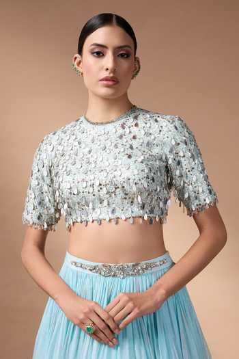 Shop_Rocky Star_Blue Organza, Silk Sweetheart Neck Mirror Work Blouse Lehenga Set _Online_at_Aza_Fashions