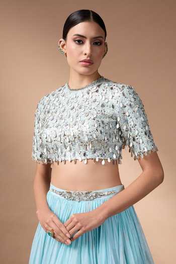 Rocky Star_Blue Organza, Silk Sweetheart Neck Mirror Work Blouse Lehenga Set _at_Aza_Fashions