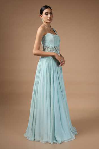 Rocky Star_Blue Georgette Sequins, Beads, Pearls, Metallic Embroidered Corset And Skirt Set _Online_at_Aza_Fashions