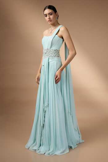 Buy_Rocky Star_Blue Georgette Sequins, Beads, Pearls, Metallic Embroidered Corset And Skirt Set _Online_at_Aza_Fashions