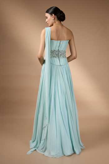 Shop_Rocky Star_Blue Georgette Sequins, Beads, Pearls, Metallic Embroidered Corset And Skirt Set _at_Aza_Fashions