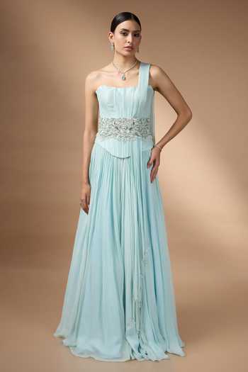 Buy_Rocky Star_Blue Georgette Sequins, Beads, Pearls, Metallic Embroidered Corset And Skirt Set _at_Aza_Fashions