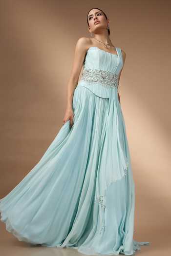 Shop_Rocky Star_Blue Georgette Sequins, Beads, Pearls, Metallic Embroidered Corset And Skirt Set _Online_at_Aza_Fashions