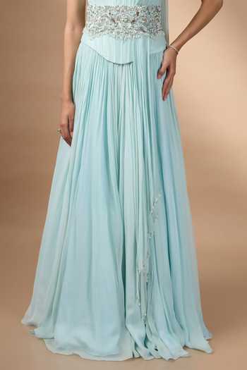 Rocky Star_Blue Georgette Sequins, Beads, Pearls, Metallic Embroidered Corset And Skirt Set _at_Aza_Fashions