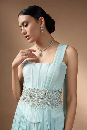 Buy_Rocky Star_Blue Georgette Sequins, Beads, Pearls, Metallic Embroidered Corset And Skirt Set 