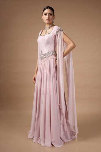 Rocky Star_Pink Georgette Beads, Stones Square Neck Metallic Corset And Skirt Set _Online_at_Aza_Fashions