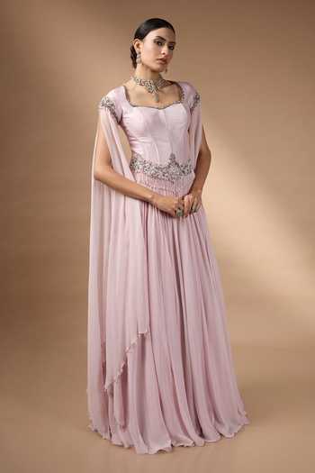 Buy_Rocky Star_Pink Georgette Beads, Stones Square Neck Metallic Corset And Skirt Set _Online_at_Aza_Fashions