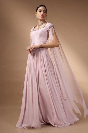Shop_Rocky Star_Pink Georgette Beads, Stones Square Neck Metallic Corset And Skirt Set _Online_at_Aza_Fashions
