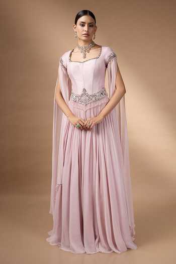 Buy_Rocky Star_Pink Georgette Beads, Stones Square Neck Metallic Corset And Skirt Set _at_Aza_Fashions