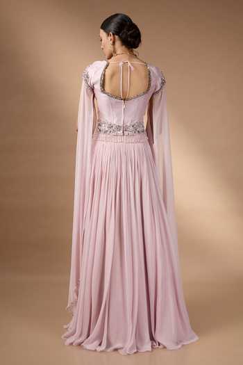 Shop_Rocky Star_Pink Georgette Beads, Stones Square Neck Metallic Corset And Skirt Set _at_Aza_Fashions