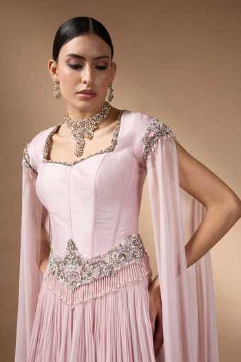 Rocky Star_Pink Georgette Beads, Stones Square Neck Metallic Corset And Skirt Set _at_Aza_Fashions