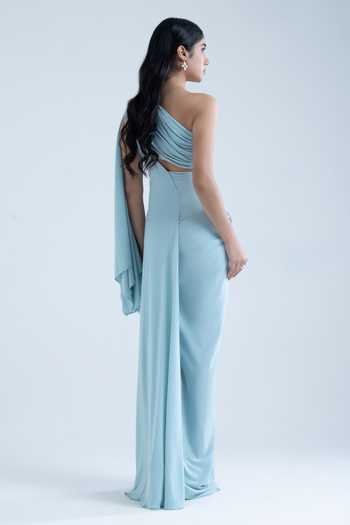 Naina Seth_Sky Blue Crepe Beads, Pearls One Shoulder Embroidered Gown _Online_at_Aza_Fashions