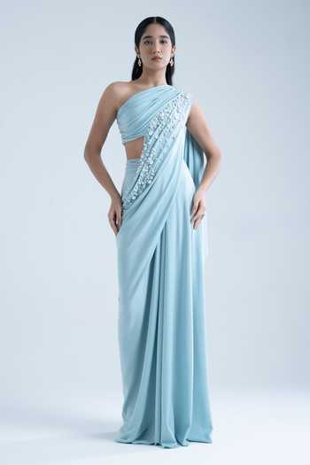 Buy_Naina Seth_Sky Blue Crepe Beads, Pearls One Shoulder Embroidered Gown _at_Aza_Fashions