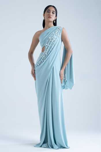 Buy_Naina Seth_Sky Blue Crepe Beads, Pearls One Shoulder Embroidered Gown _Online_at_Aza_Fashions