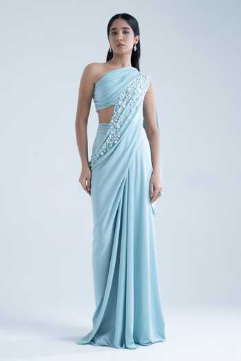 Shop_Naina Seth_Sky Blue Crepe Beads, Pearls One Shoulder Embroidered Gown _Online_at_Aza_Fashions