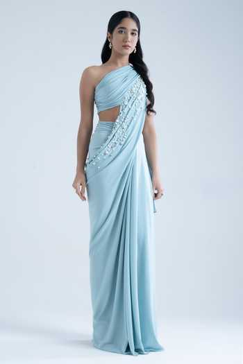 Naina Seth_Sky Blue Crepe Beads, Pearls One Shoulder Embroidered Gown _at_Aza_Fashions