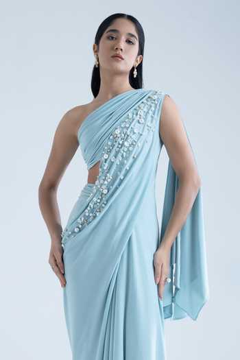 Buy_Naina Seth_Sky Blue Crepe Beads, Pearls One Shoulder Embroidered Gown 