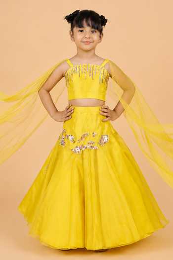 Buy_Turqidz By Shweta Aggarwal_Yellow Silk, Cotton Embroidered Lehenga And Draped Blouse Set _at_Aza_Fashions