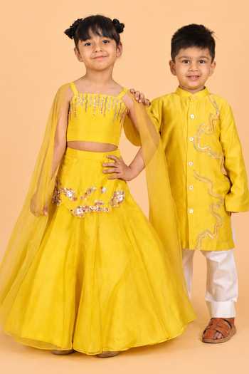 Turqidz By Shweta Aggarwal_Yellow Silk, Cotton Embroidered Lehenga And Draped Blouse Set _Online_at_Aza_Fashions