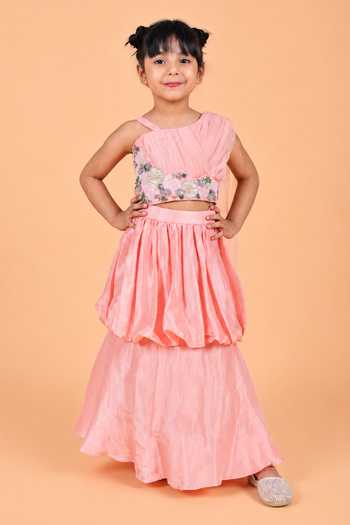 Buy_Turqidz By Shweta Aggarwal_Pink Silk Draped Top With Layered Balloon Skirt _at_Aza_Fashions