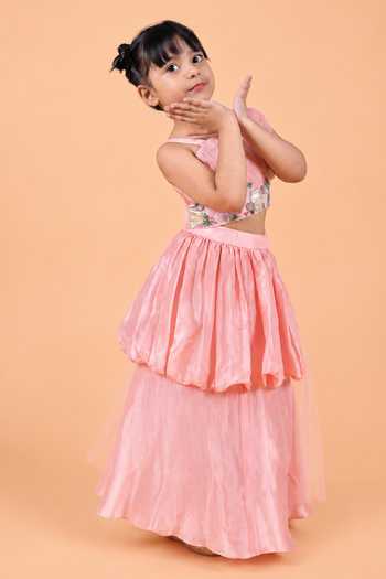 Turqidz By Shweta Aggarwal_Pink Silk Draped Top With Layered Balloon Skirt _Online_at_Aza_Fashions