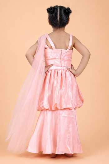 Shop_Turqidz By Shweta Aggarwal_Pink Silk Draped Top With Layered Balloon Skirt _at_Aza_Fashions
