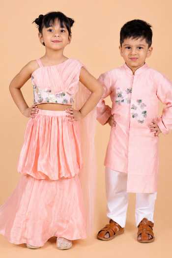 Buy_Turqidz By Shweta Aggarwal_Pink Silk Draped Top With Layered Balloon Skirt _Online_at_Aza_Fashions