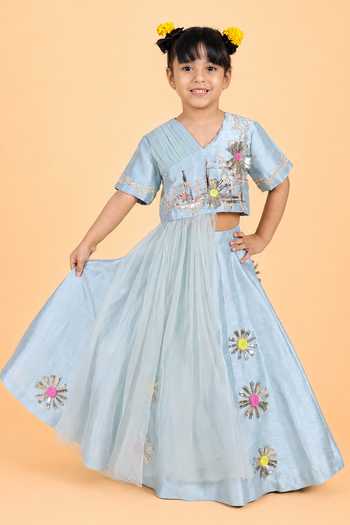 Buy_Turqidz By Shweta Aggarwal_Sky Blue Dupion, Silk 3d Embroidered Draped Blouse And Lehenga Set _at_Aza_Fashions