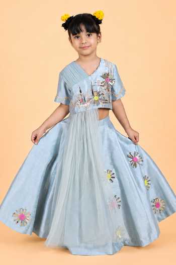 Shop_Turqidz By Shweta Aggarwal_Sky Blue Dupion, Silk 3d Embroidered Draped Blouse And Lehenga Set _at_Aza_Fashions