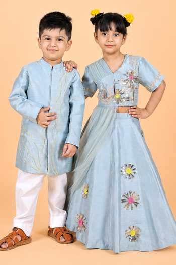 Shop_Turqidz By Shweta Aggarwal_Sky Blue Dupion, Silk 3d Embroidered Draped Blouse And Lehenga Set _Online_at_Aza_Fashions