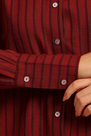 Dohr India_Red Cotton Collared Neck Stripe Pattern Shirt And Pant Set _Online