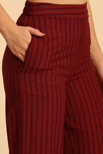 Buy_Dohr India_Red Cotton Collared Neck Stripe Pattern Shirt And Pant Set _Online