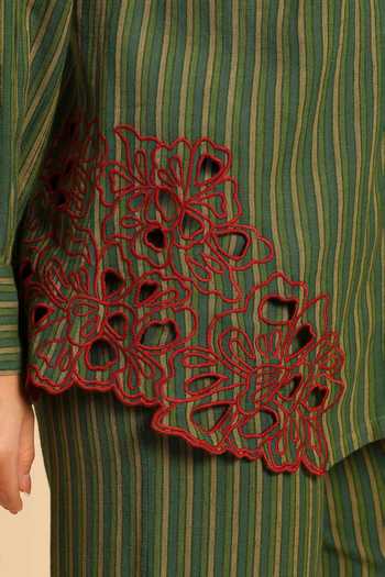 Dohr India_Green Cotton Collared Neck Stripe Pattern Shirt And Pant Set _Online