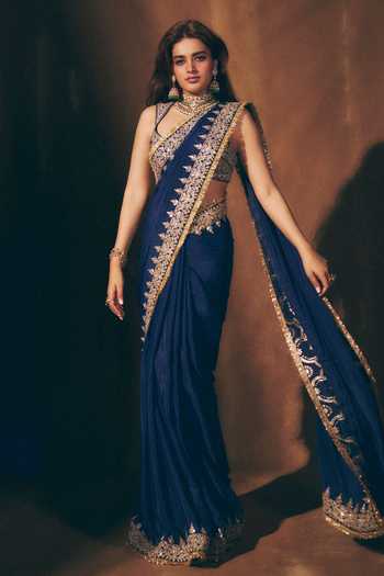 Buy_Gopi Vaid_Blue Chiffon, Tussar V-neck Layla Saree With Embroidered Blouse _at_Aza_Fashions