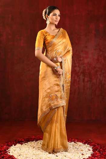 singhanias_Gold Tissue Saree With Running Blouse Fabric _at_Aza_Fashions
