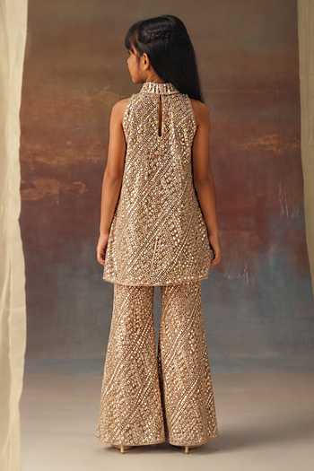 Shop_Twenty Nine_Gold Tissue, Net Mirrors Work Tunic And Bell Bottom Pant Set _at_Aza_Fashions
