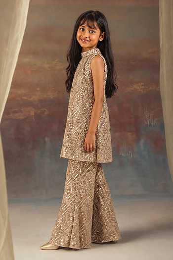 Twenty Nine_Gold Tissue, Net Mirrors Work Tunic And Bell Bottom Pant Set _Online_at_Aza_Fashions