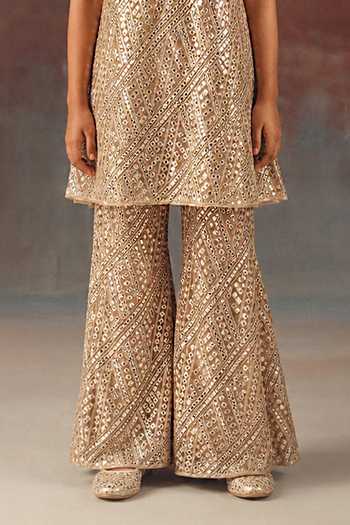 Buy_Twenty Nine_Gold Tissue, Net Mirrors Work Tunic And Bell Bottom Pant Set _Online_at_Aza_Fashions