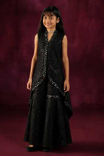 Buy_Twenty Nine_Black Net Mirror Work Long Jacket And Sharara Set _at_Aza_Fashions