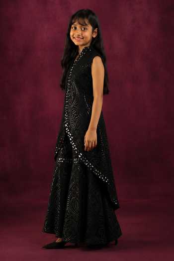 Shop_Twenty Nine_Black Net Mirror Work Long Jacket And Sharara Set _Online_at_Aza_Fashions
