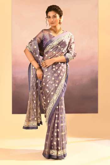 Shop_singhanias_Purple Tissue Saree With Running Blouse Fabric Set _Online_at_Aza_Fashions