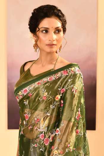 singhanias_Olive Green Tissue Halter Neck Saree With Running Blouse Fabric _at_Aza_Fashions