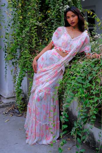 Buy_Aangan By Parul_Off White Silk, Chiffon V-neck Eleanor Floral Print Pre-draped Saree With Blouse _at_Aza_Fashions