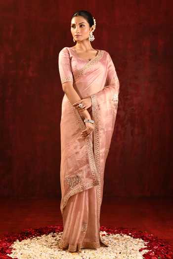 Shop_Singhanias_Pink Tissue Saree With Running Blouse Fabric _Online_at_Aza_Fashions
