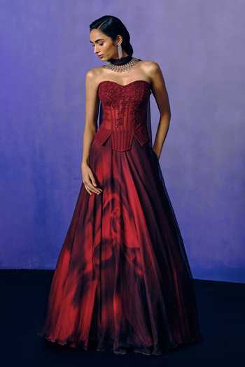Buy_Dolly J_Red Crepe, Tulle Beads Sweetheart Neck Scarlet Desire Corset And Skirt Set _at_Aza_Fashions