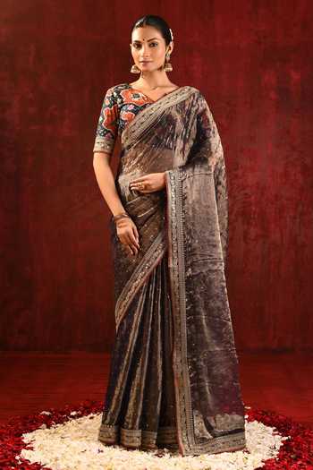 Buy_Singhanias_Brown Tissue Saree With Running Blouse Fabric _at_Aza_Fashions