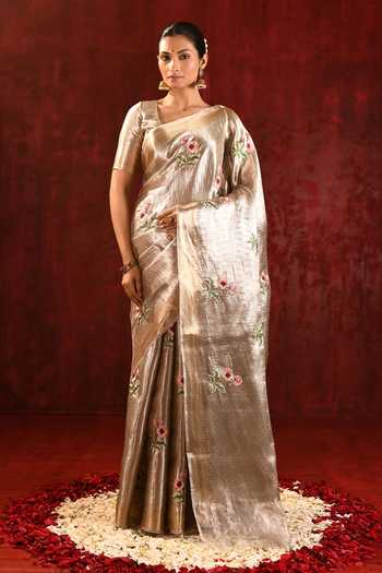 Buy_singhanias_Gold Tissue Saree With Running Blouse Fabric _at_Aza_Fashions