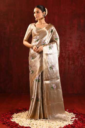 Buy_singhanias_Gold Tissue Saree With Running Blouse Fabric _at_Aza_Fashions