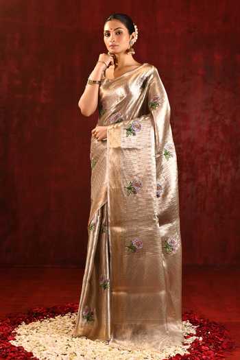 singhanias_Gold Tissue Saree With Running Blouse Fabric _at_Aza_Fashions